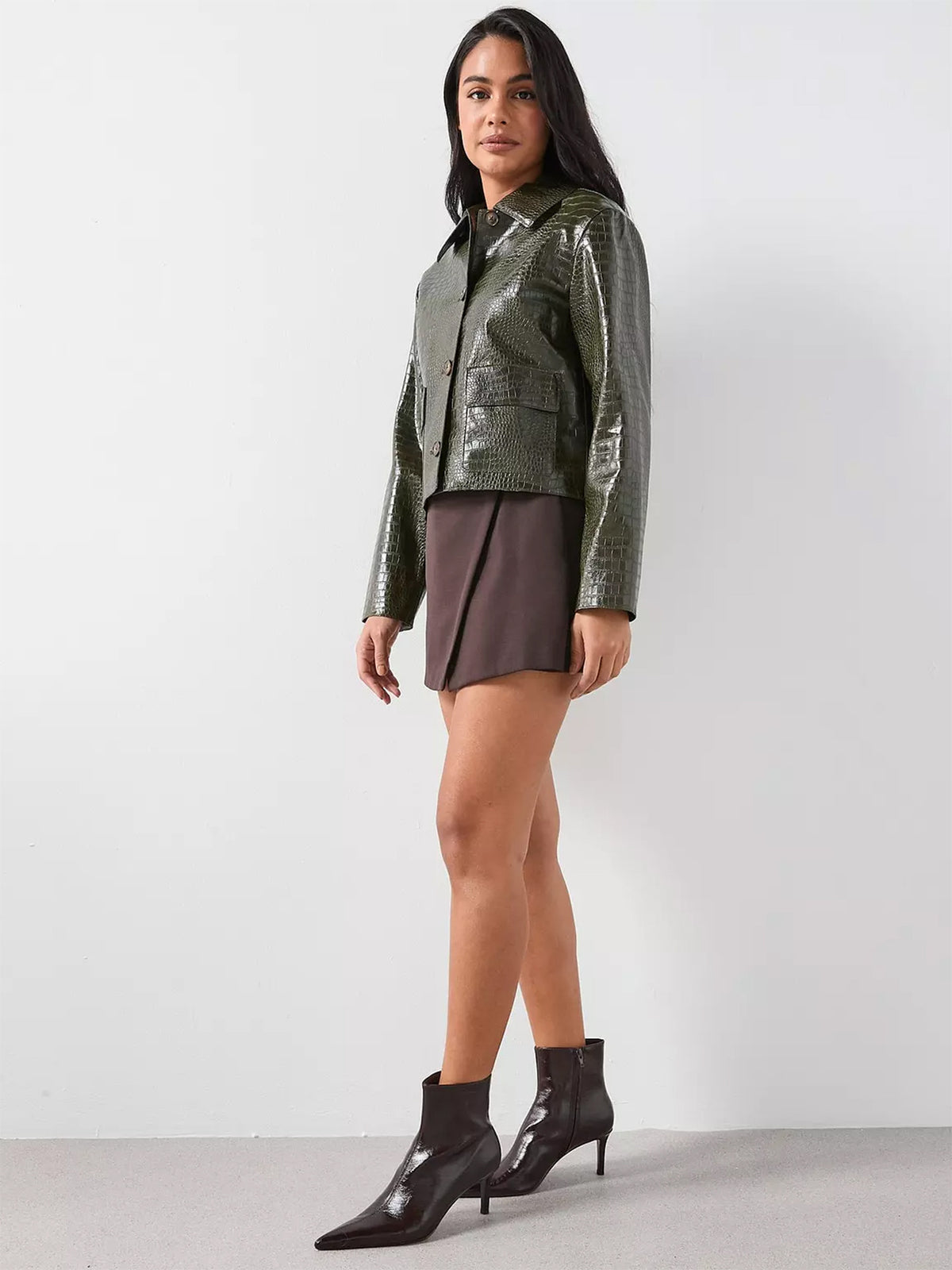 Croc Faux Leather Jacket for Women — Cropped Button Front with Chest Pockets