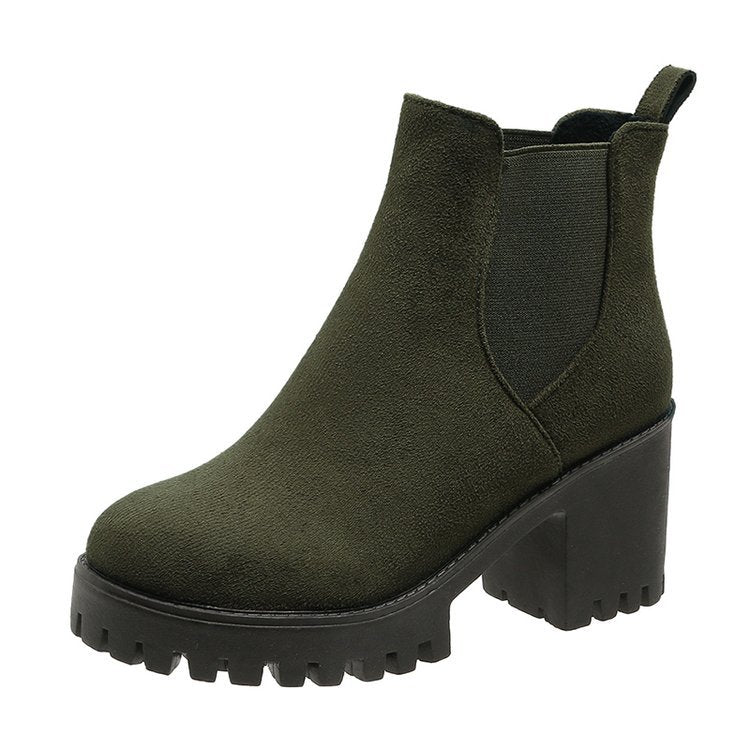 Women’s military green Chelsea ankle boot close-up with side elastic and chunky block heel