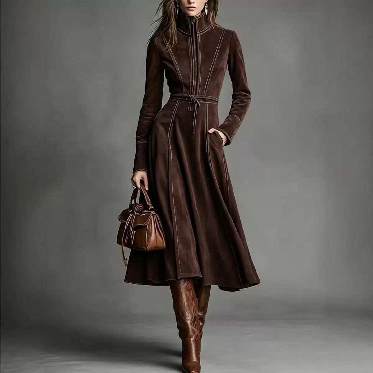 Dark brown stand-collar long-sleeve dress with drawstring waist, pockets, and flared skirt.