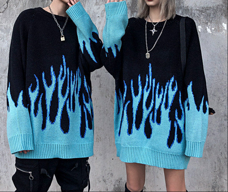 Flame Knit Sweater for Women — Oversized Y2K Crewneck Pullover in Wool Blend