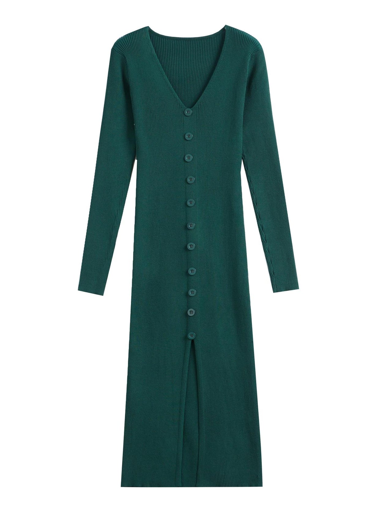 Deep green ribbed knit V-neck button-front midi dress with long sleeves and slit.