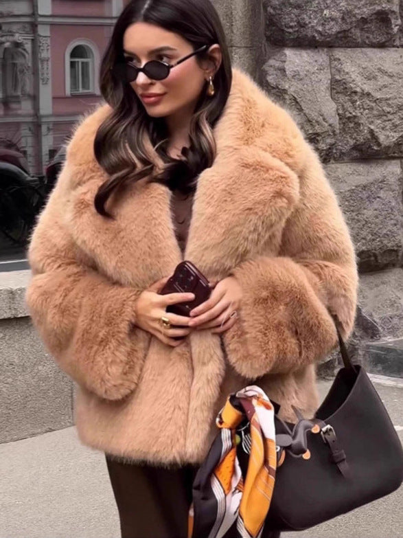 Tan faux fur coat with wide lapels and tie belt, long sleeves
