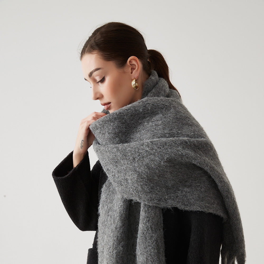 Women's wool hair scarf, solid dark gray wrap with soft fuzzy texture