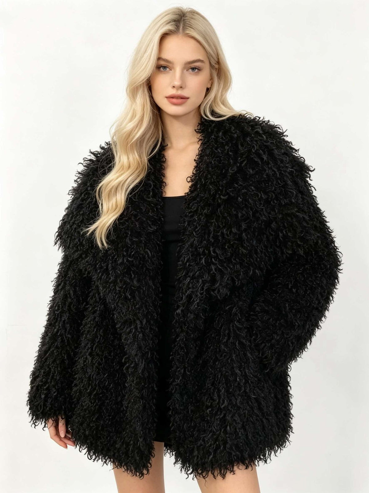 Black shaggy fur coat with oversized shoulders and open front