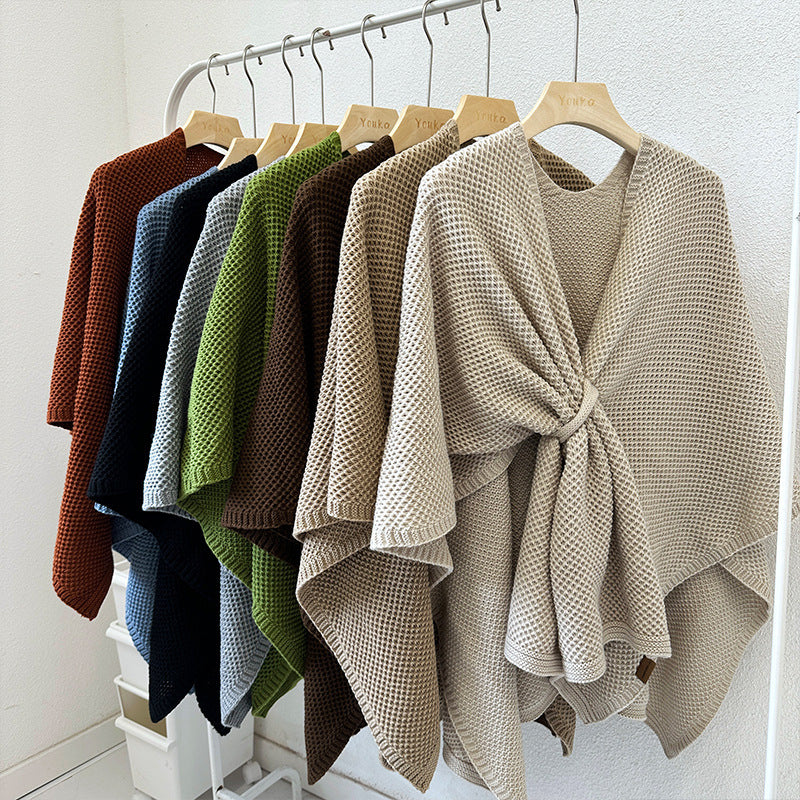 Poncho Shawl Wrap for Women — Open Weave Cape with Twist Front Detail in Soft Knit