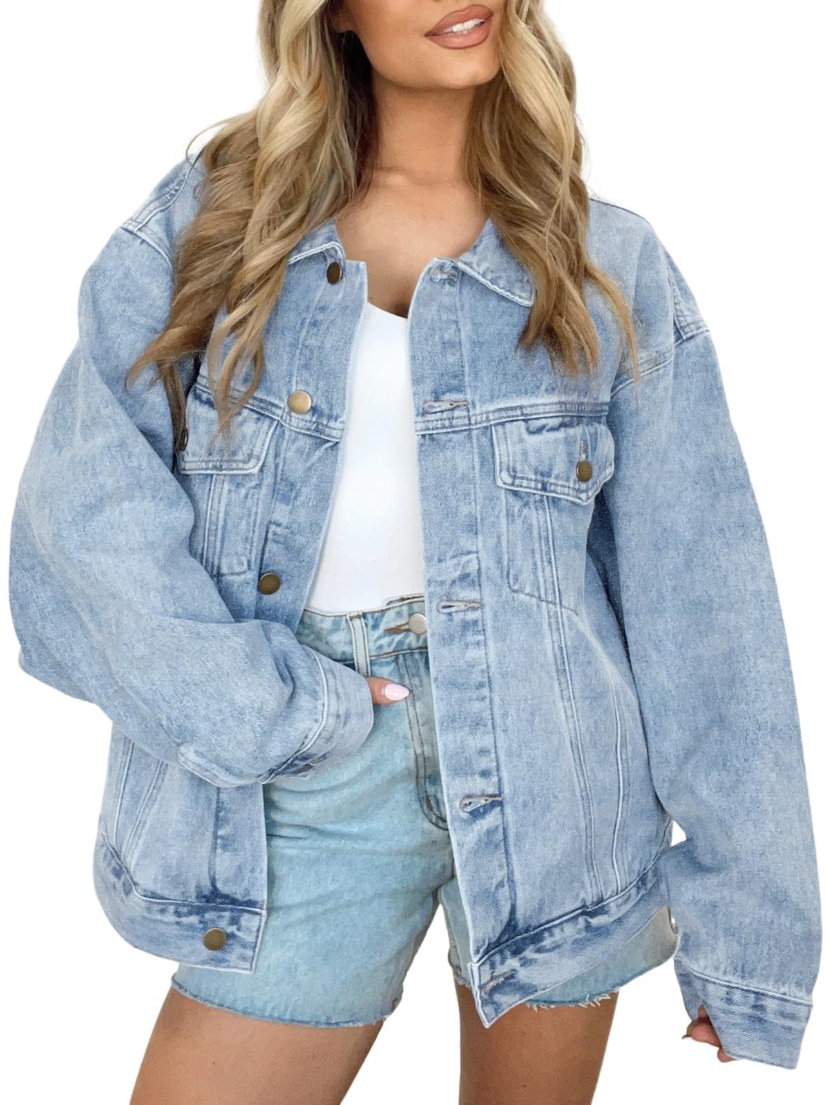 Light blue oversized denim jacket with button front, flap chest pockets, long sleeves
