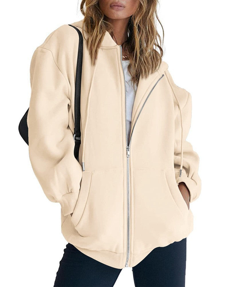 Khaki/beige zip-up hoodie jacket with hood, drawstring, and front pockets.