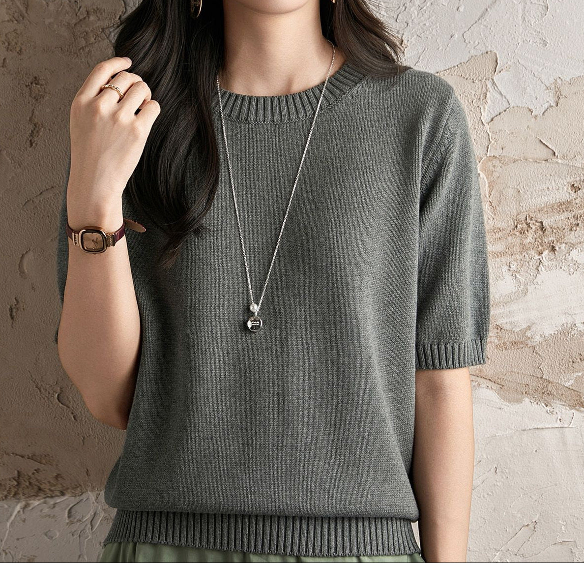 Short Sleeve Knit Top for Women — Crew Neck Cotton Sweater Tee with Ribbed Trim