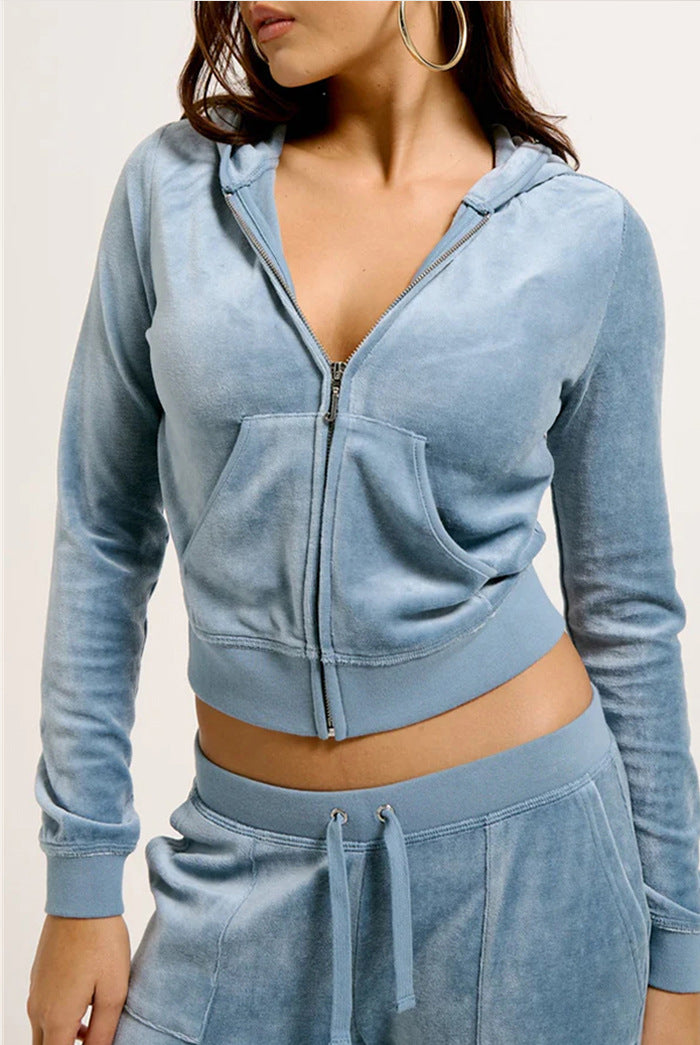 Light blue zip-front hoodie jacket and matching drawstring pants set