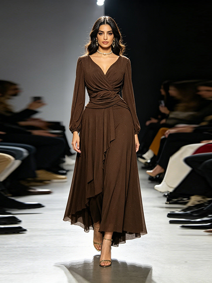 Dark brown long-sleeve pleated chiffon wrap dress with draped waist and V neckline