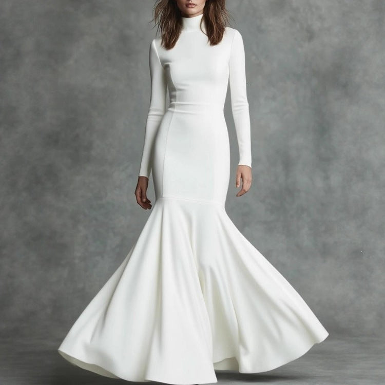Mermaid Maxi Dress for Women — Long Sleeve Turtleneck Evening Gown in Jersey