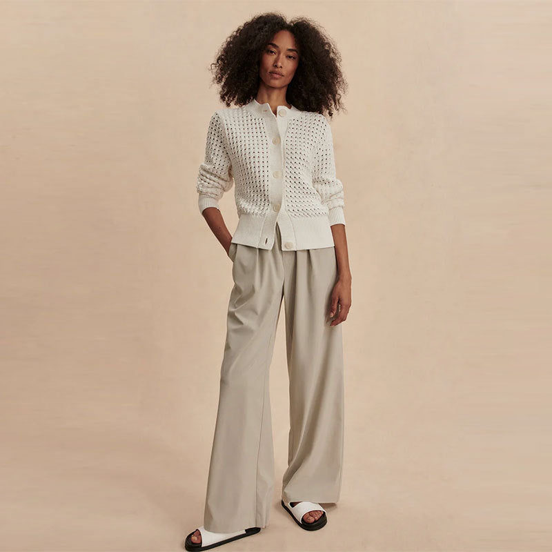 White round-neck knit cardigan sweater jacket, button front, long sleeves, openwork texture
