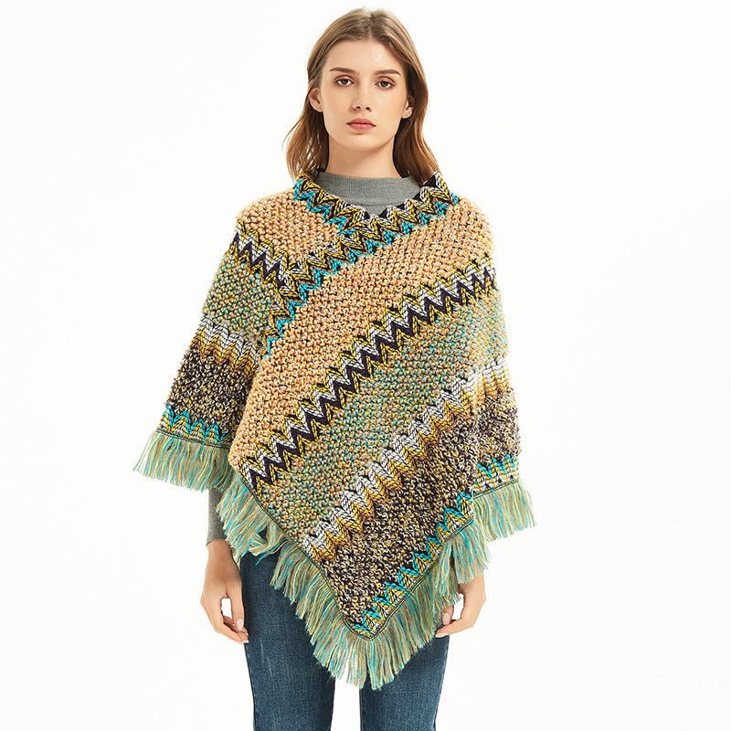 Knit Poncho for Women — Chevron Fringe Trim with Boho V Neck Drape in Soft Wool