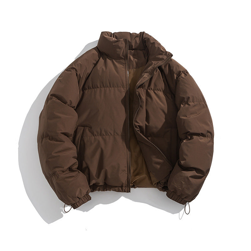 Brown insulated puffer jacket with stand collar and full front zipper.