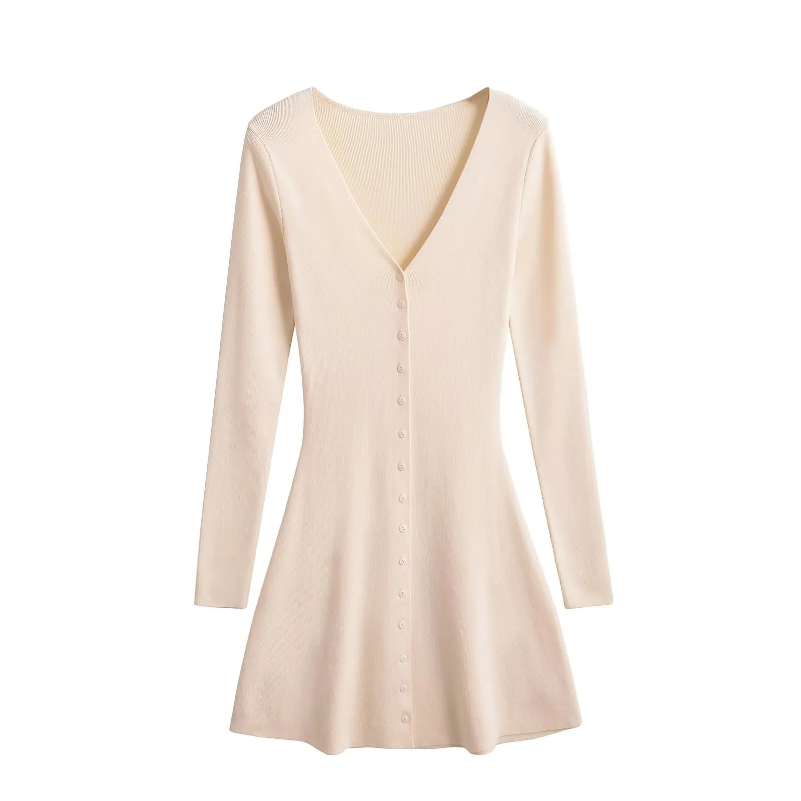 Light cream knit mini dress with V-neck, long sleeves, button front, A-line silhouette.