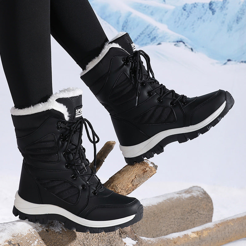 Snow Boots for Women — Mid Calf Lace Up Winter Boots with Fur Lining in Faux Leather