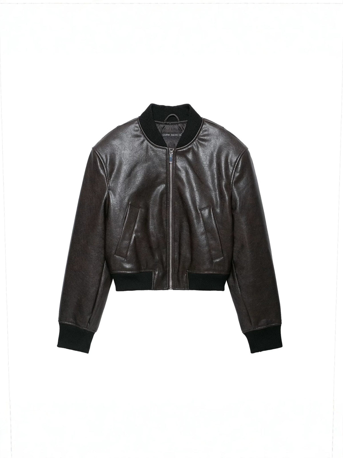 Black leather-effect bomber jacket with zip front, slanted pockets, and ribbed trim