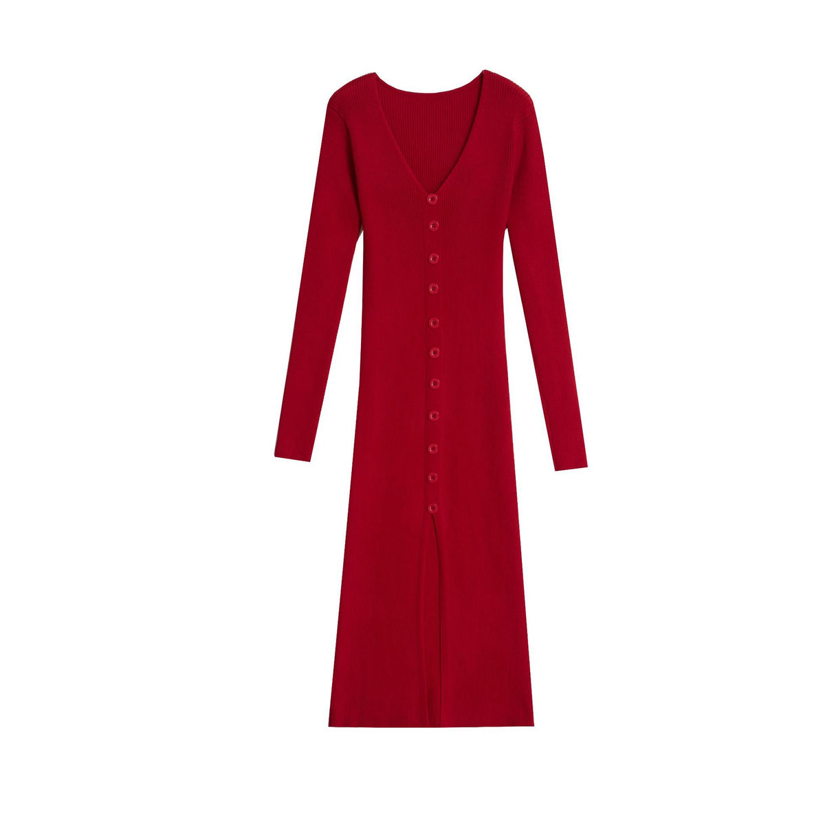 Red ribbed knit V-neck button-front midi dress with long sleeves.
