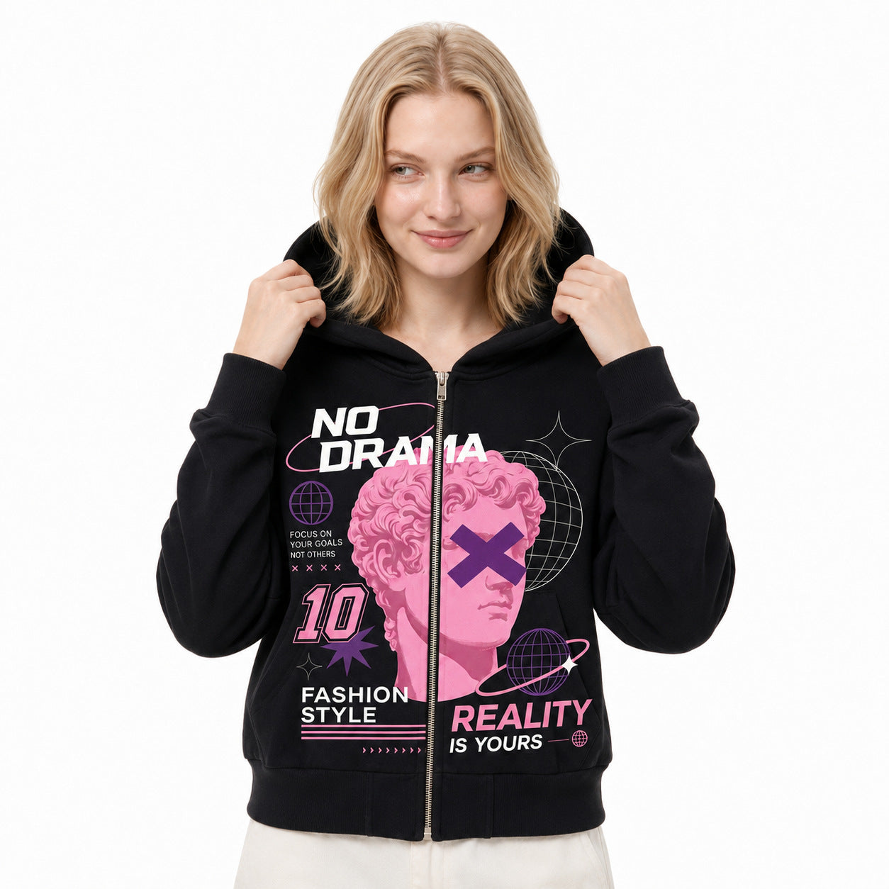 Cropped Zip Up Hoodie for Women — Graphic Streetwear Style in Cotton Fleece