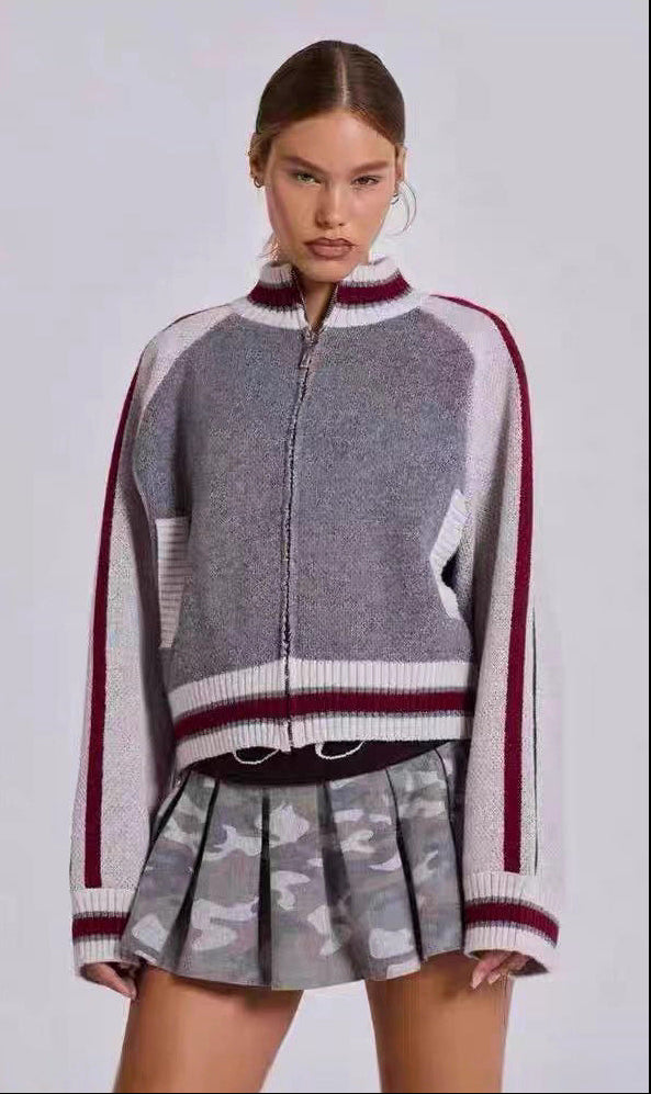 Zip Up Cardigan for Women — Cropped Varsity Sweater Jacket in Wool Blend Knit