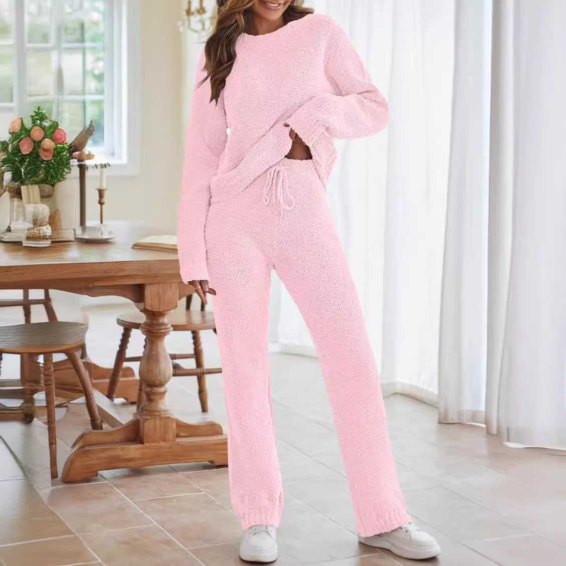 Women's pink knit lounge set, long sleeves and drawstring straight pants