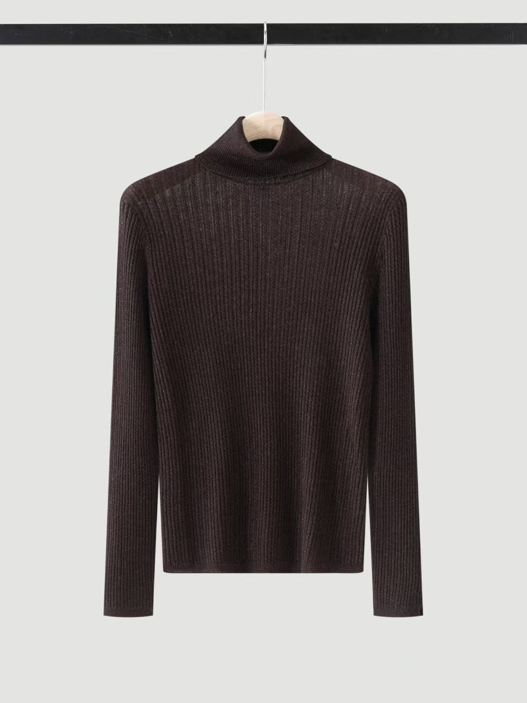 Dark brown high-neck knit sweater, long sleeves, ribbed cuffs