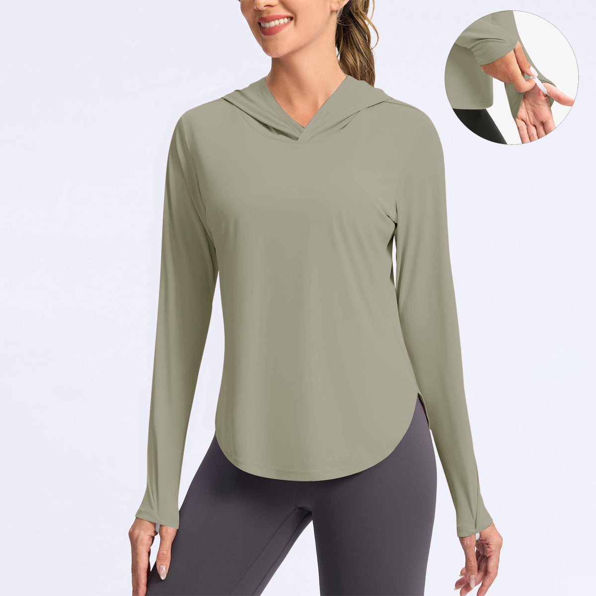 Women’s olive green hooded sun protection shirt, long sleeves with thumbhole cuffs