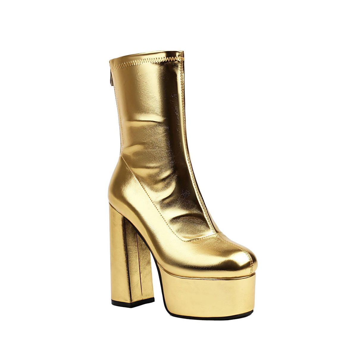 Gold women’s platform mid-calf boots with chunky block heel and thick sole