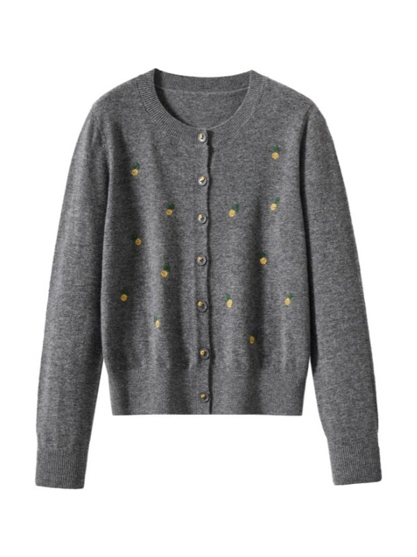 Gray wool cardigan sweater, round neck, button-front, long sleeves, small yellow print