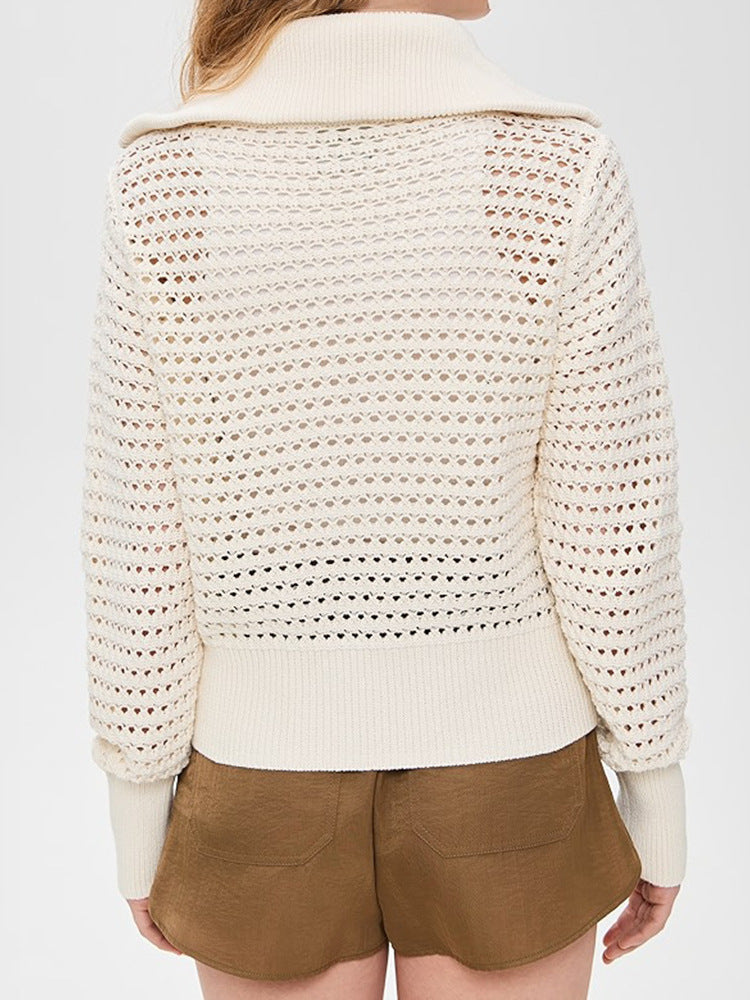 Open Knit Zip Up Cardigan for Women — Collared Eyelet Sweater Jacket in Soft Cotton