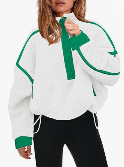 Plush quarter-zip sweatshirt in white with green trim and pull tab