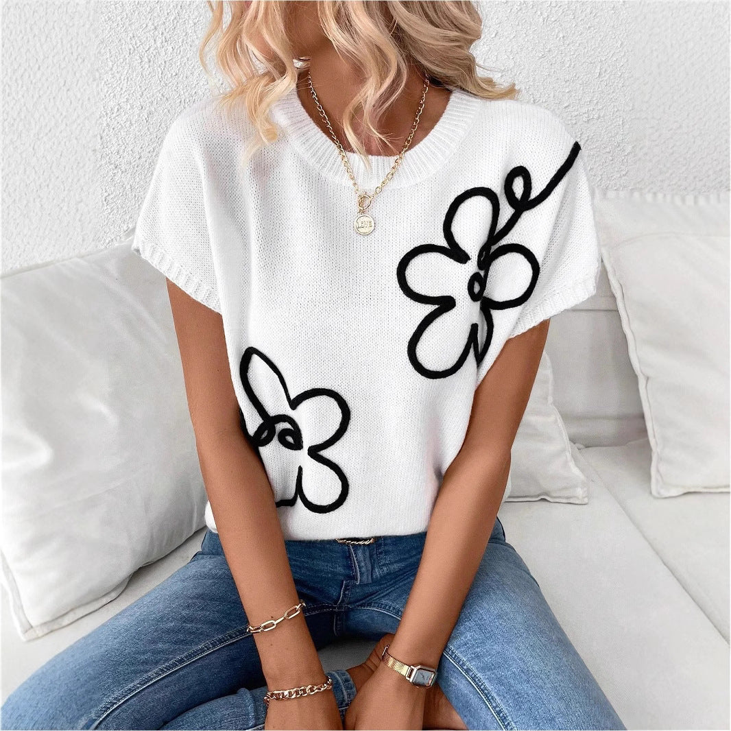 Floral Embroidered Knit Top for Women — Relaxed Cap Sleeve Sweater Style in Cotton