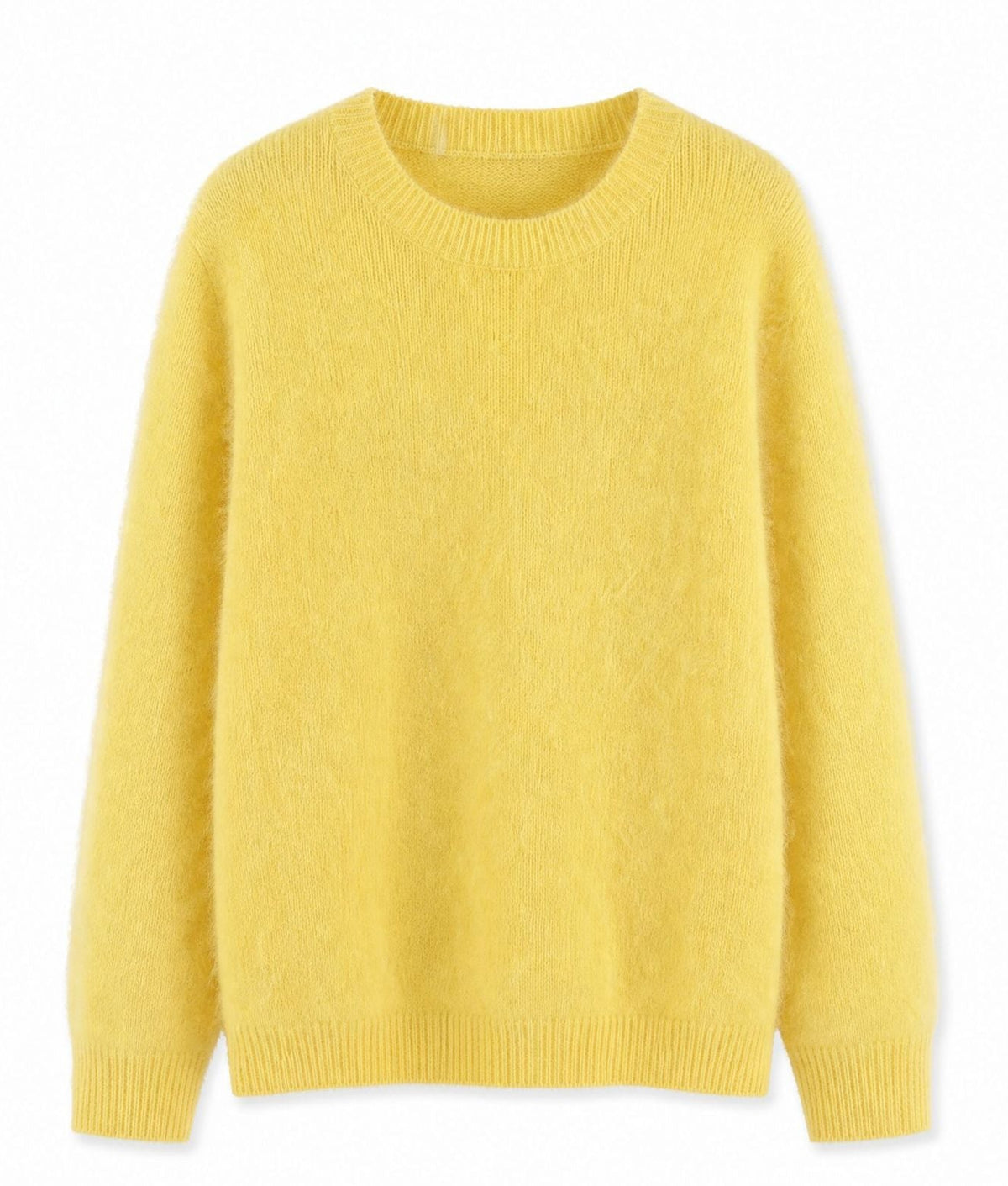 Women’s crew neck cashmere sweater in yellow brushed knit with ribbed neckline and hem