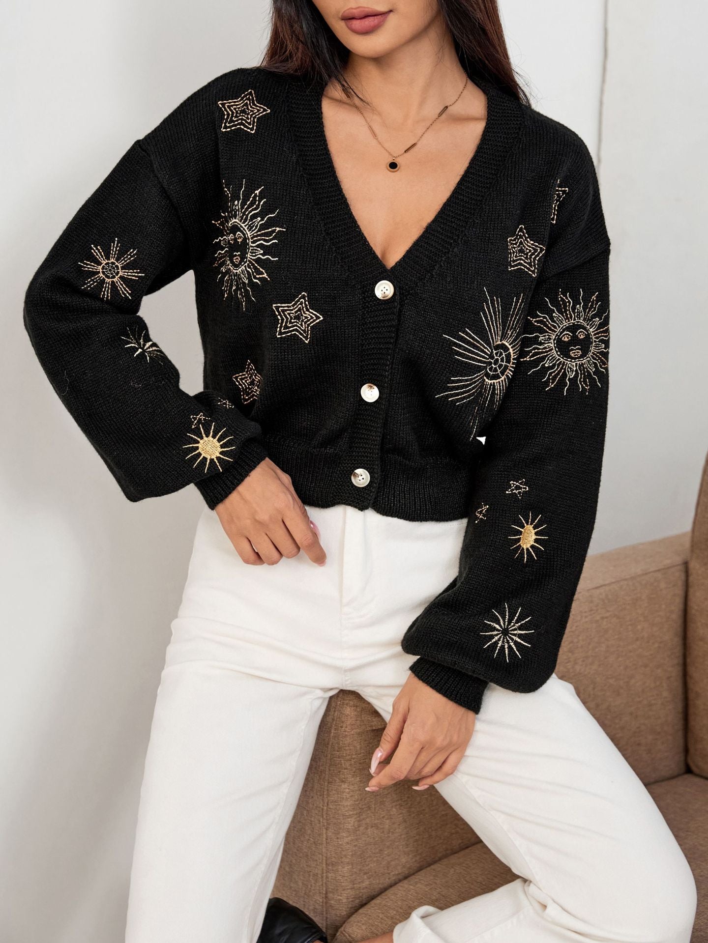 Embroidered Cropped Cardigan for Women — V Neck Sun and Star Knit in Wool