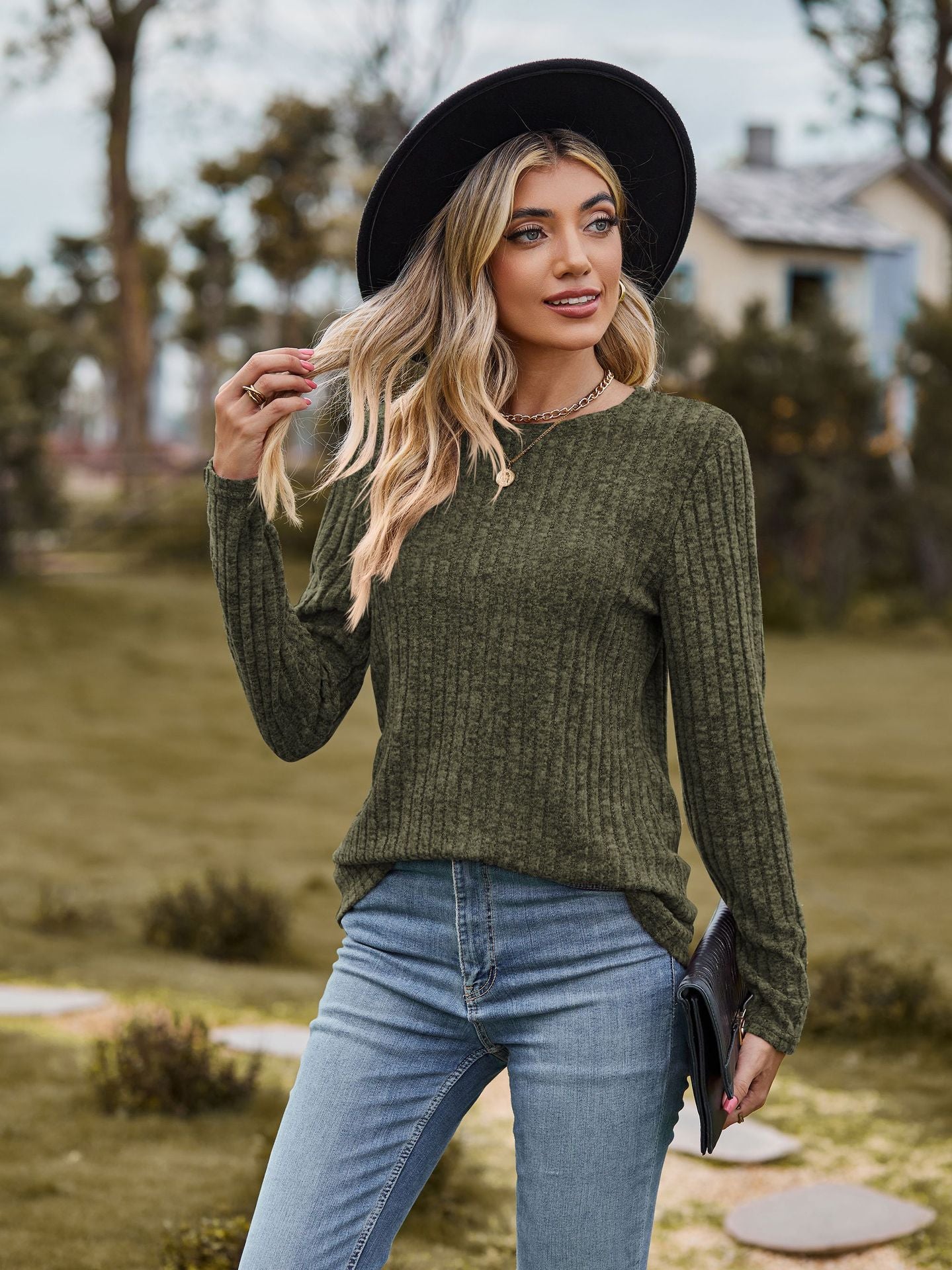 Heathered Ribbed Knit Top — Relaxed Long Sleeve Crewneck Style in Modal