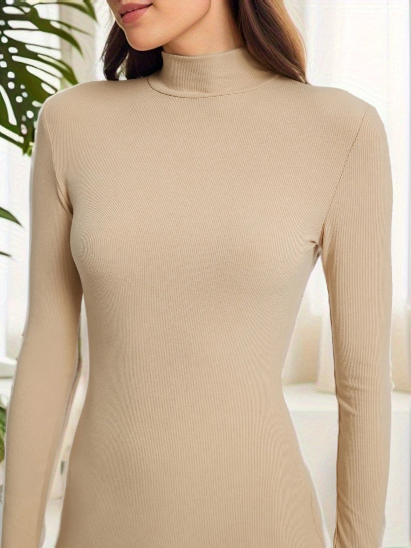 Women's rib-knit slim-fit dress, beige, half-high neck, long sleeves