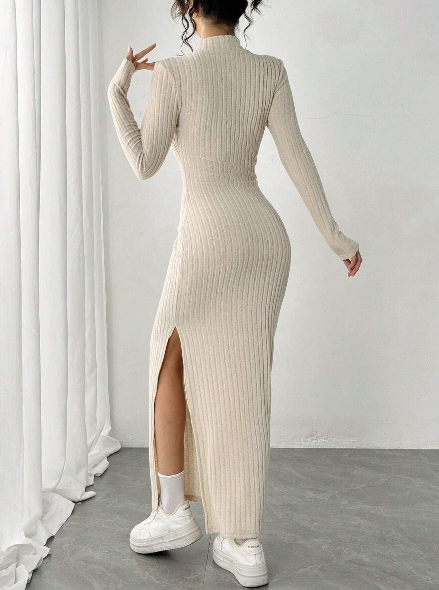 Ribbed Bodycon Maxi Dress with High Slit — Mock Neck Long Sleeve Knit Design