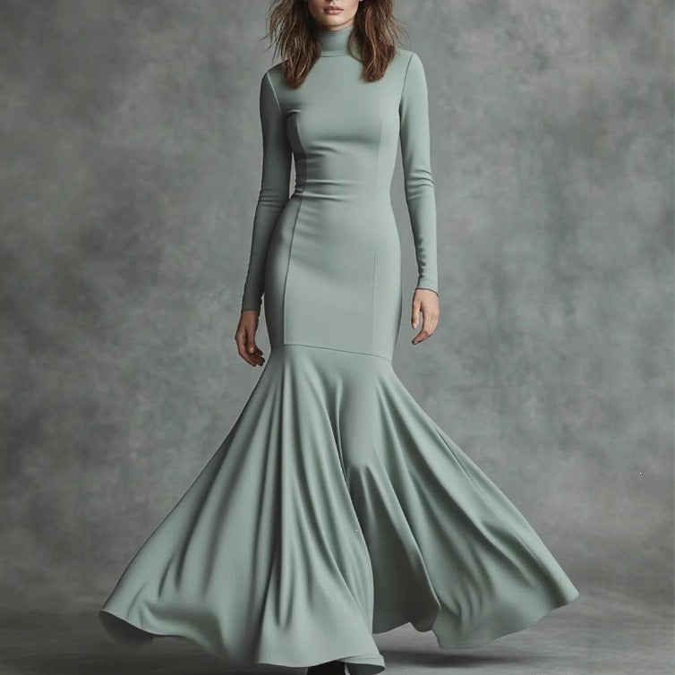 Mermaid Maxi Dress for Women — Long Sleeve Turtleneck Evening Gown in Jersey
