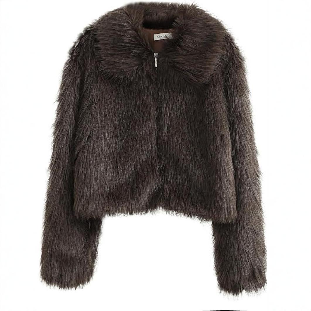 Women’s faux fur jacket, long sleeves, zip front, dark brown shaggy, stand collar
