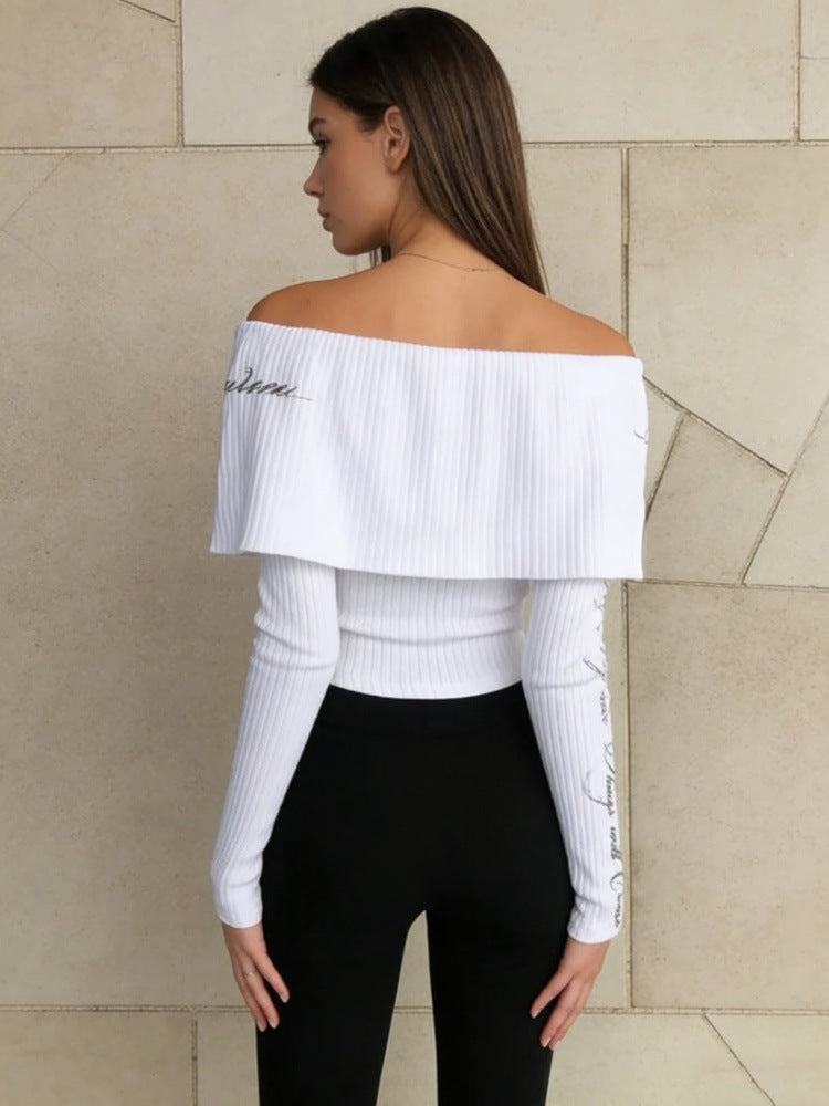 Long Sleeve Off Shoulder Top — Fitted Bardot Fold Over Style with Script Print in Ribbed Knit