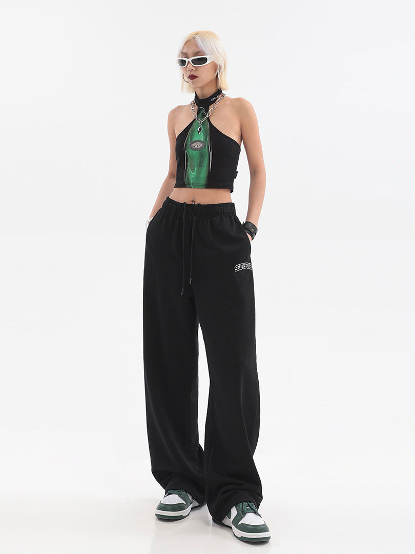Black wide-leg fleece-lined track pants, high waist with relaxed fit and side pockets