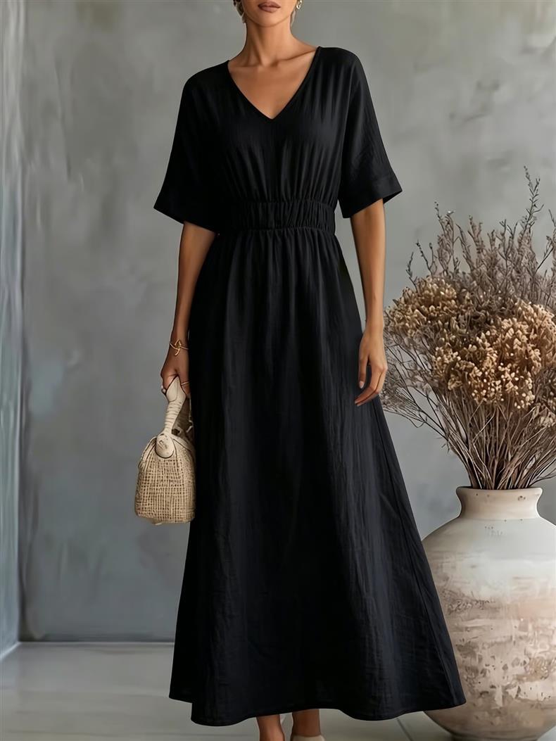 Short Sleeve Maxi Dress — V Neck Smocked Waist Style with Flared Skirt in Viscose