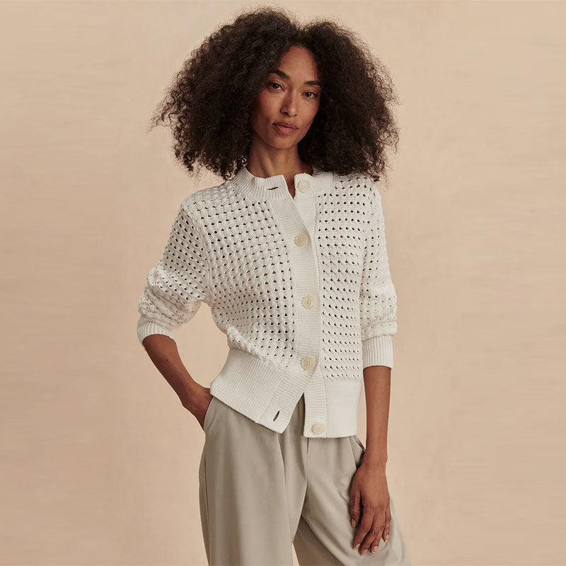 White openwork knit cardigan sweater jacket, round neck, button front, long sleeves