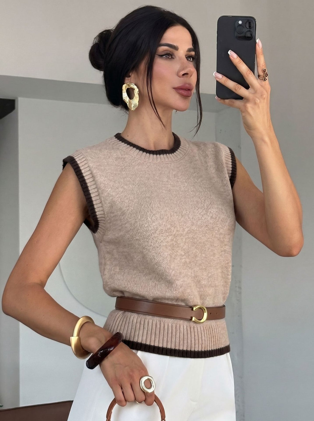 Sweater Vest for Women — Sleeveless Contrast Trim Knit Top in Soft Merino Wool