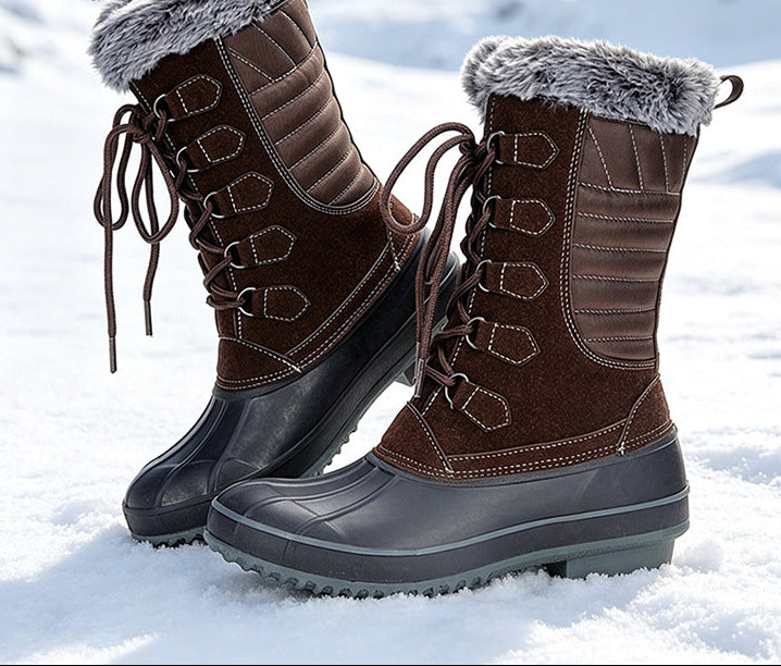 Brown lace-up snow boots with faux-fur cuffs and waterproof-style rubber sole