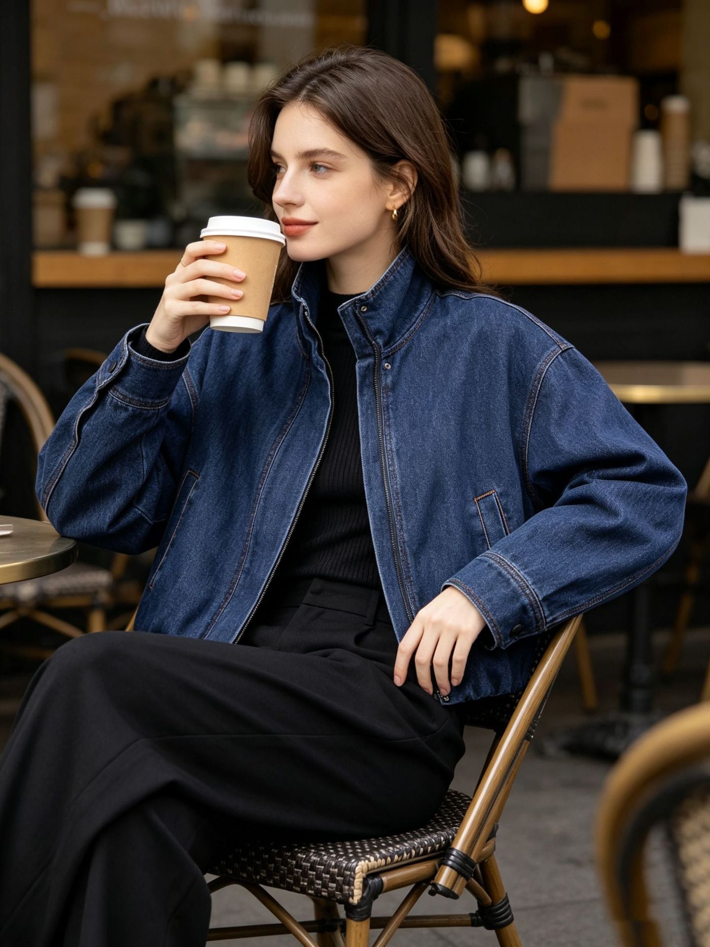 Cropped Denim Jacket for Women — Oversized Zip-Up Style with Elastic Hem