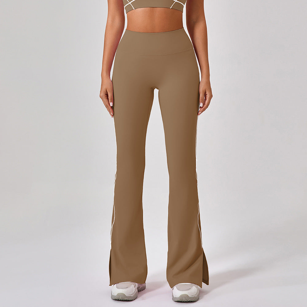 High-waist yoga bell pants, khaki brown with side slit and contrast piping