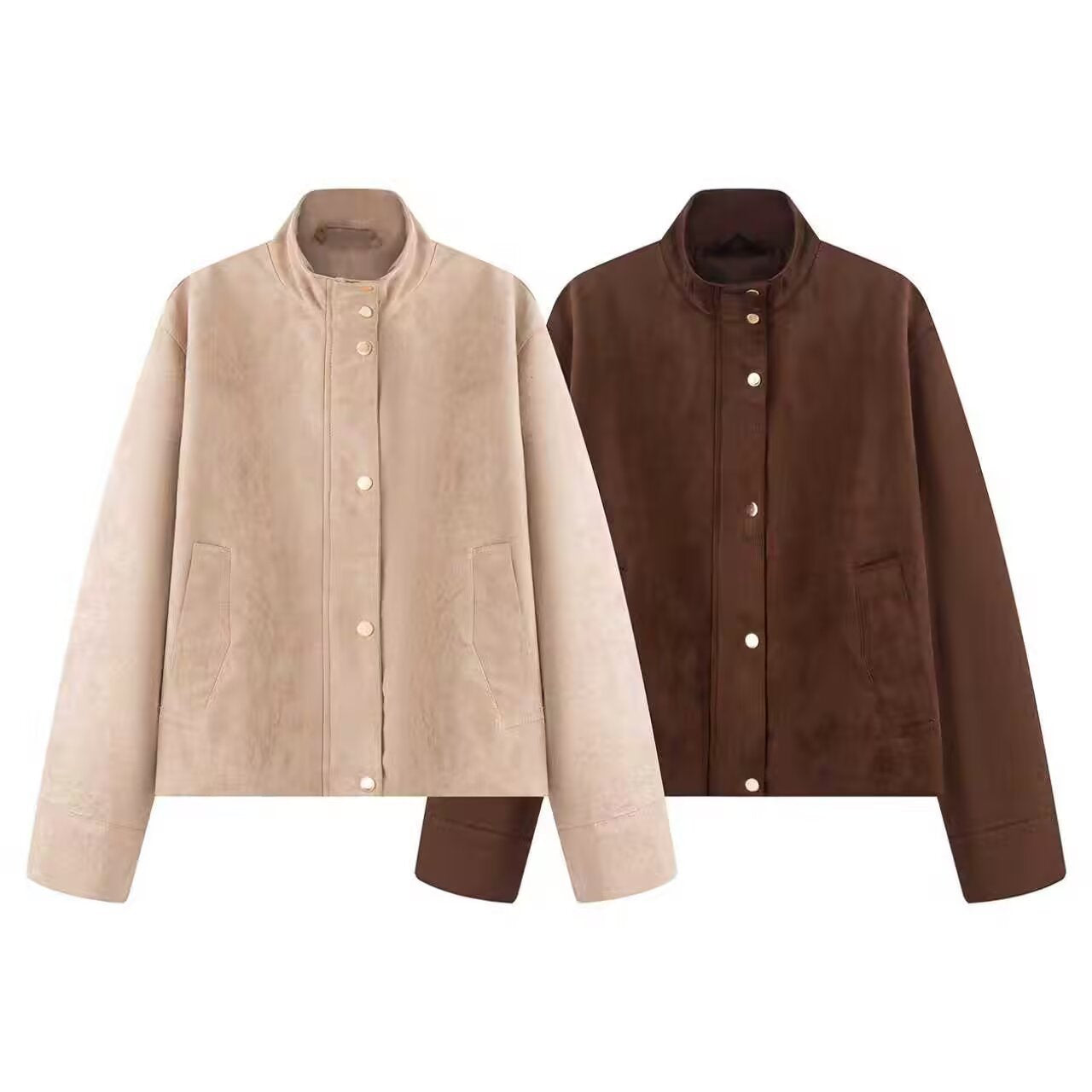 Women’s suede-texture stand-collar jacket, snap front, long sleeves, two colors shown