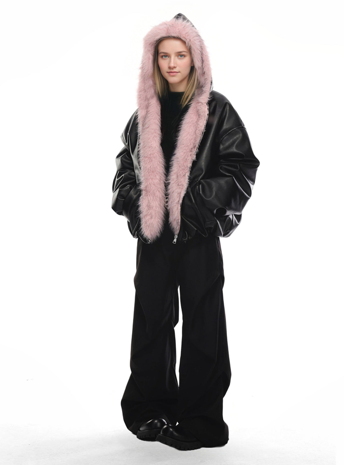 Women’s black hooded plush leather jacket with light pink faux fur trim, full length