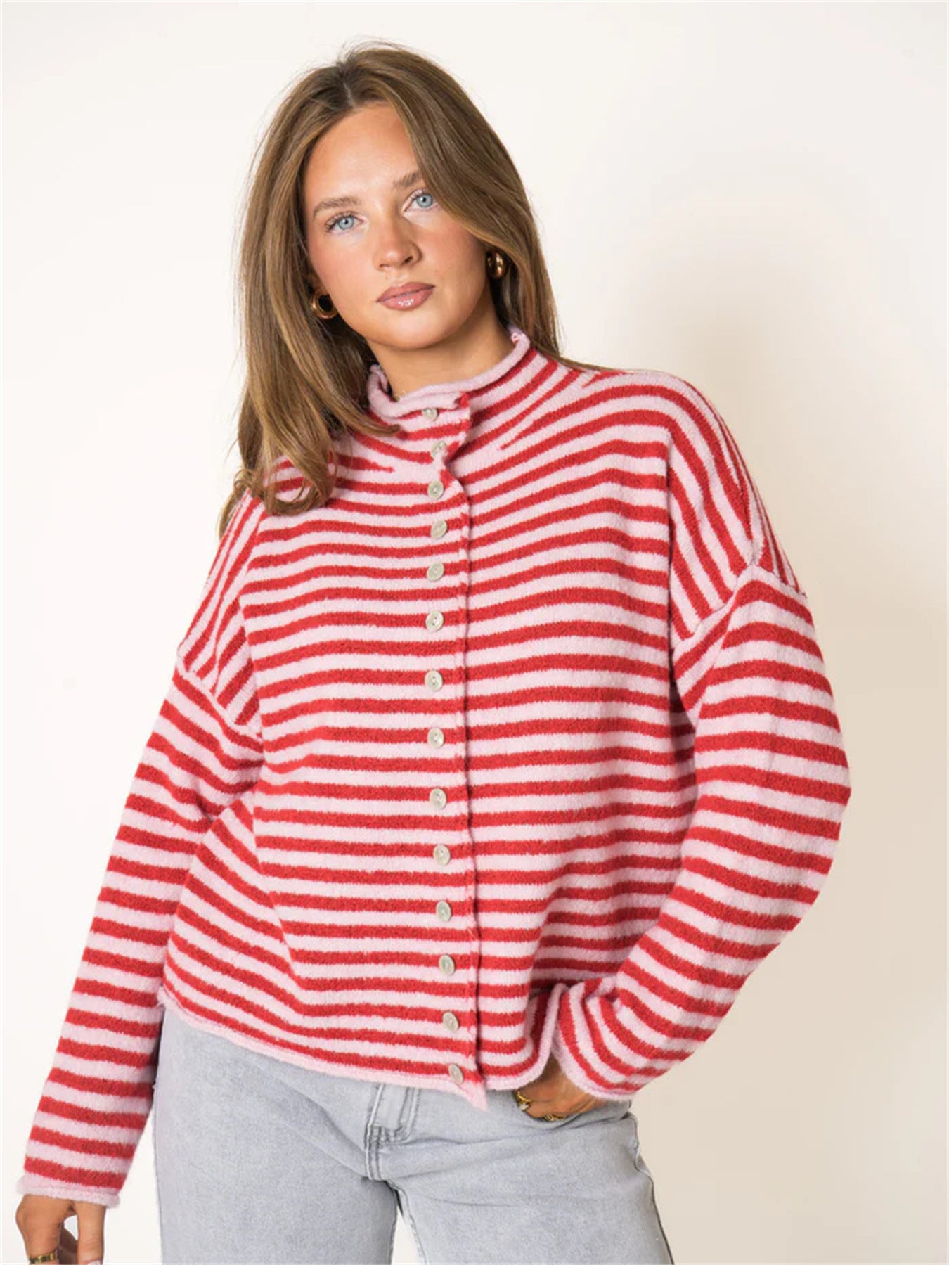 Striped Cardigan Sweater for Women — Button Front Stand Collar Knit in Soft Mohair